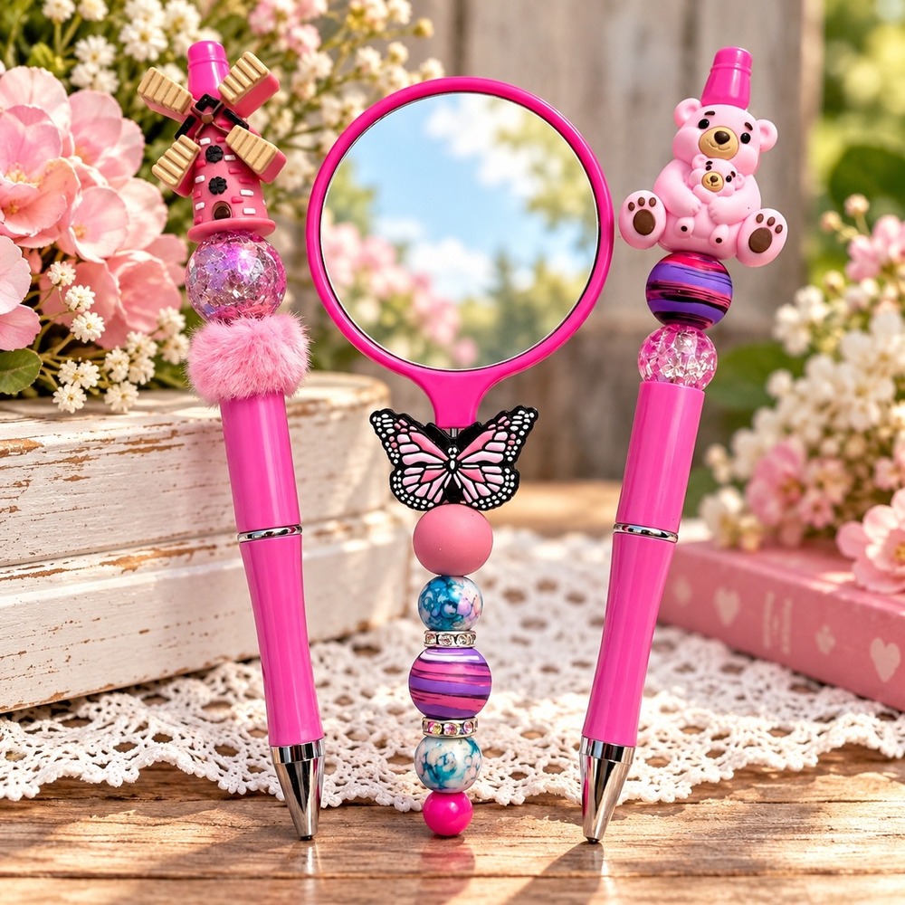 Handmade Beaded Pen and Mirror Set Pink Windmill Bear‎ Butterfly 3 Piece Kit
